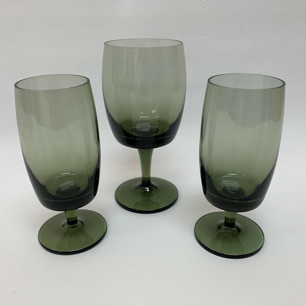 Vintage Smoke Gray Glass Glasses Footed Stem‎ Lot of 3